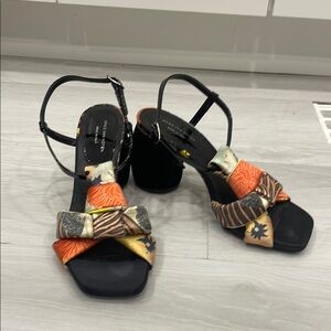 Dries Van Noten Satin and Suede Round Block Heeled Sandals Size 36